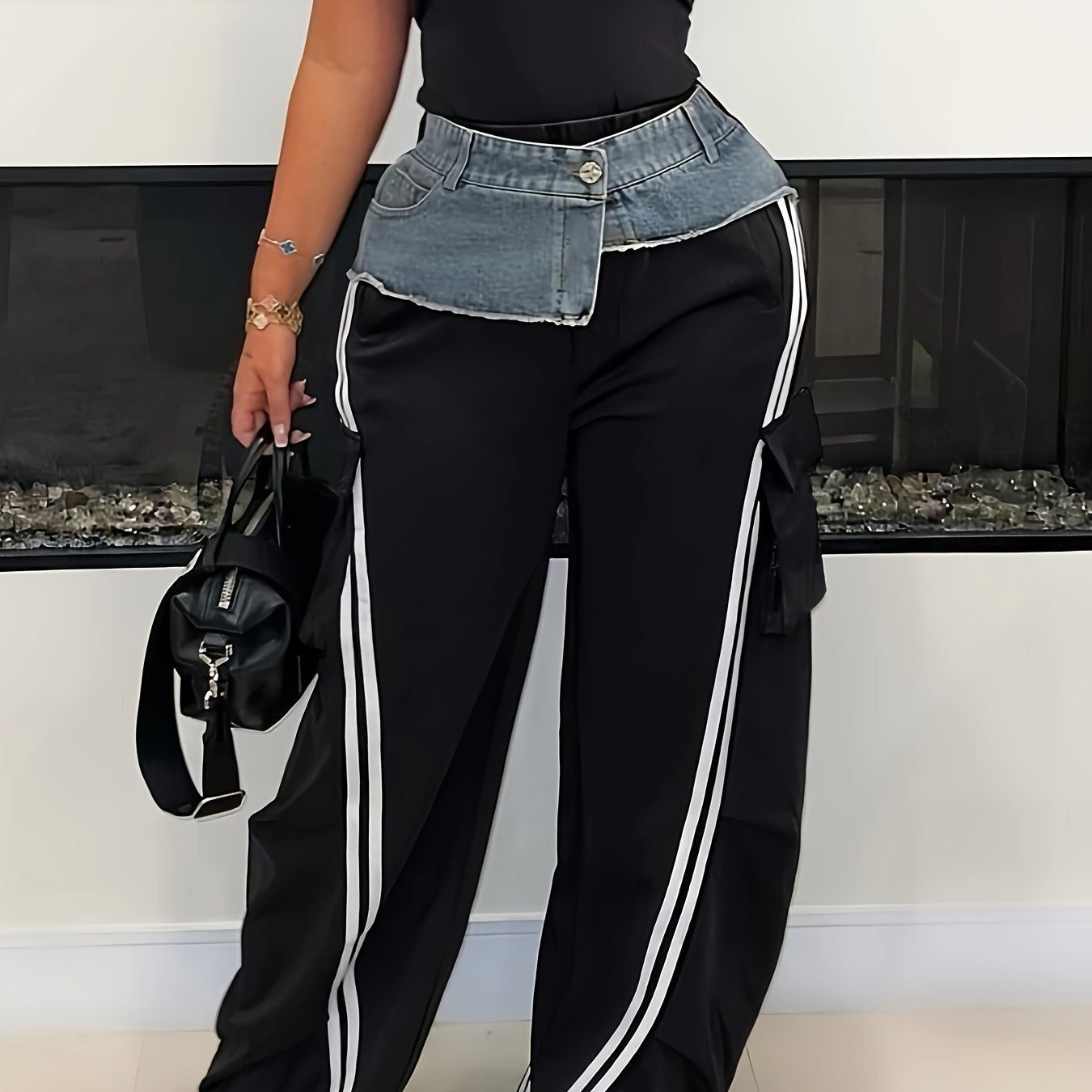Denim Panelled Elastic Waistband Pull-up Loose Straight-leg Pants Striped Casual Sweatpants Women'S Trousers