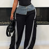 Denim Panelled Elastic Waistband Pull-up Loose Straight-leg Pants Striped Casual Sweatpants Women'S Trousers