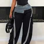 Denim Panelled Elastic Waistband Pull-up Loose Straight-leg Pants Striped Casual Sweatpants Women'S Trousers