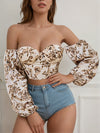 Vibrant Floral Print Crop Top, Off-shoulder Strappy Blouse with Lantern Sleeve for Spring & Summer, Women's Clothing