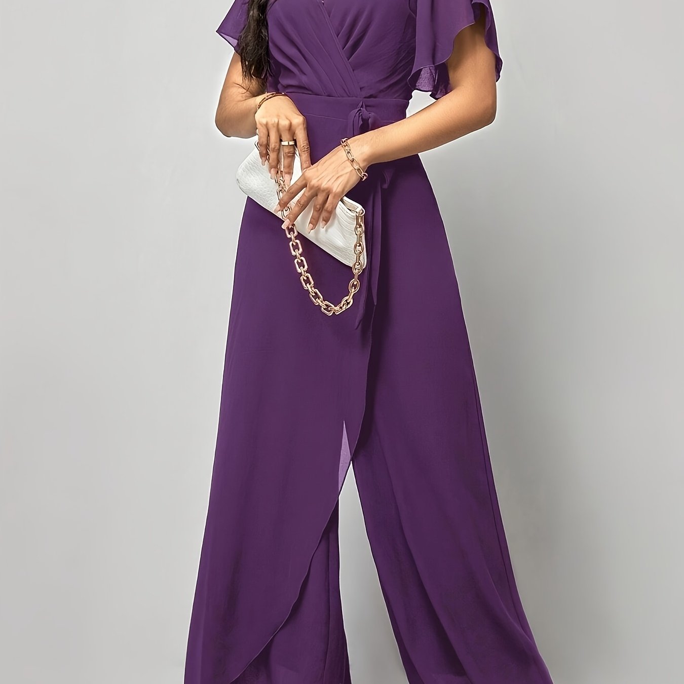 Elegant Green V-Neck Jumpsuit for Women - Solid Color, Wide Leg with Ruffle Sleeves & Tie Waist, Lightweight Polyester, Machine Washable - Perfect for Spring & Summer