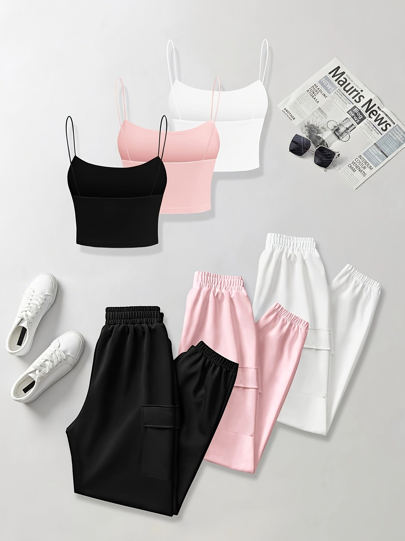 [Stylish Lounge Wear Set] 6pcs Comfortable Polyester Vest and Sweatpants Set - Solid Color Knit Fabric, All-Season Lounge Wear with Pockets