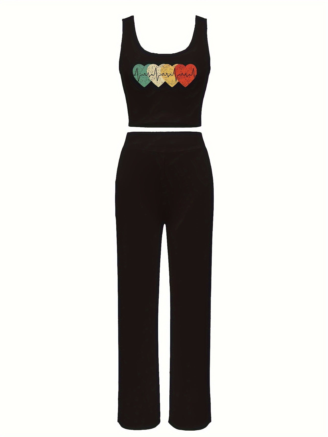 Chic Heart Pattern Casual Outfit for Women - Sleeveless Crop Top & High-Waist Pants Set, Stretchy Polyester Blend, Machine Washable
