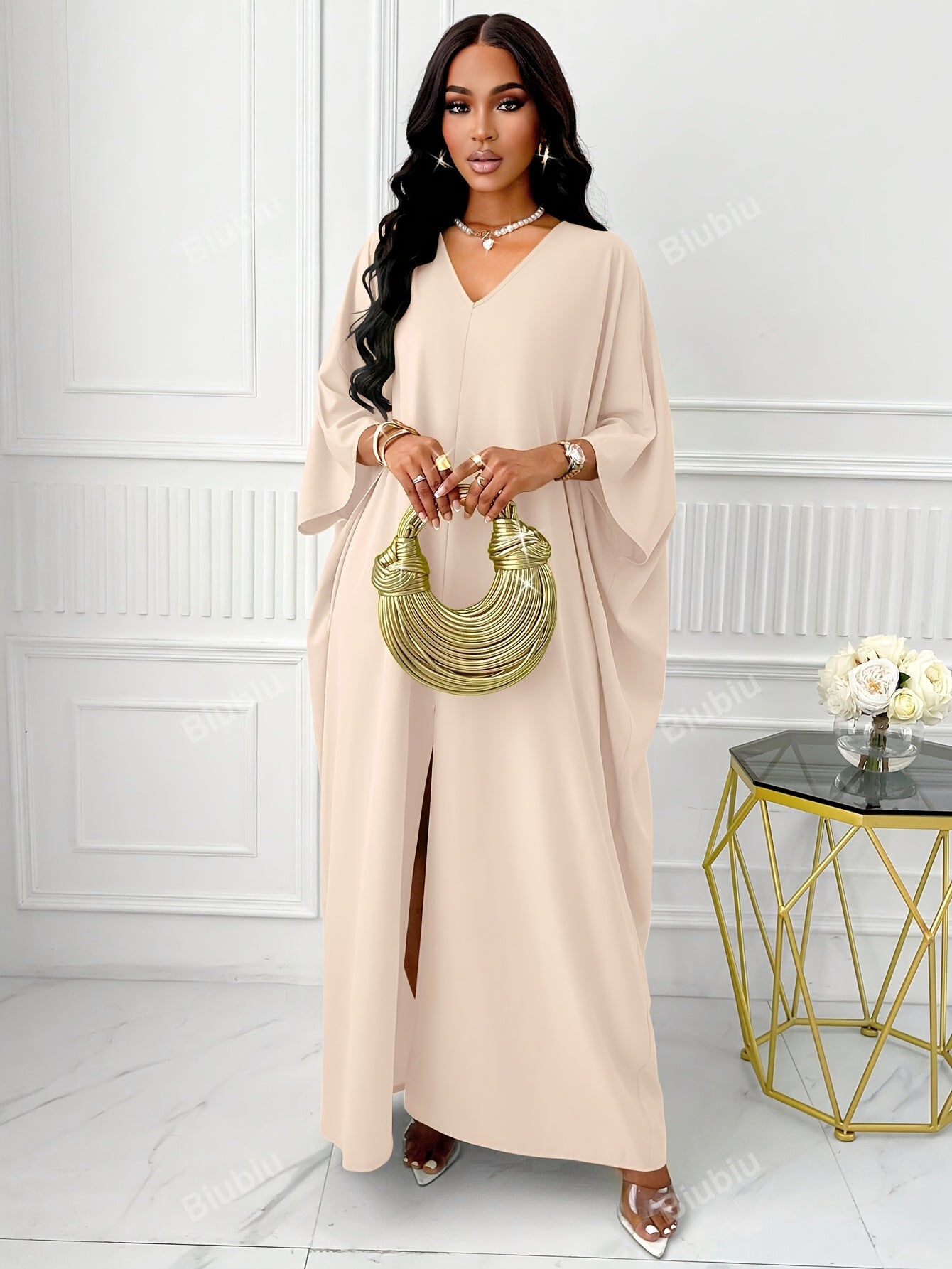 Elegant Solid Color V-Neck Cap Sleeve Side Slit Tunic Dress for Women - 100% Polyester Casual All-Season Long Dress