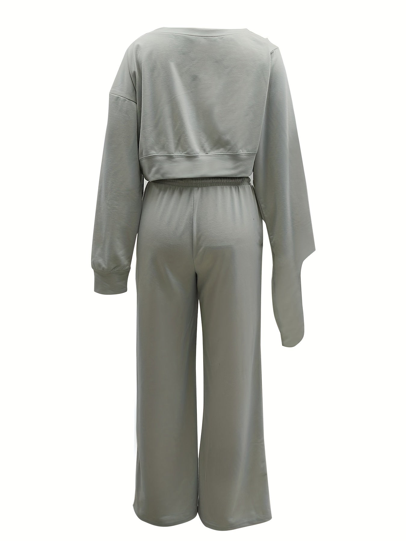 Solid Casual Two-piece Set, Slanted Shoulder Long Sleeve Tops & Drawstring Pants Outfits, Women's Clothing