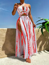 Women's Fashion Beach Vacation Bikini Set, Striped Print, Two-Piece Swimsuit with Halter Top And Skirted Bottom