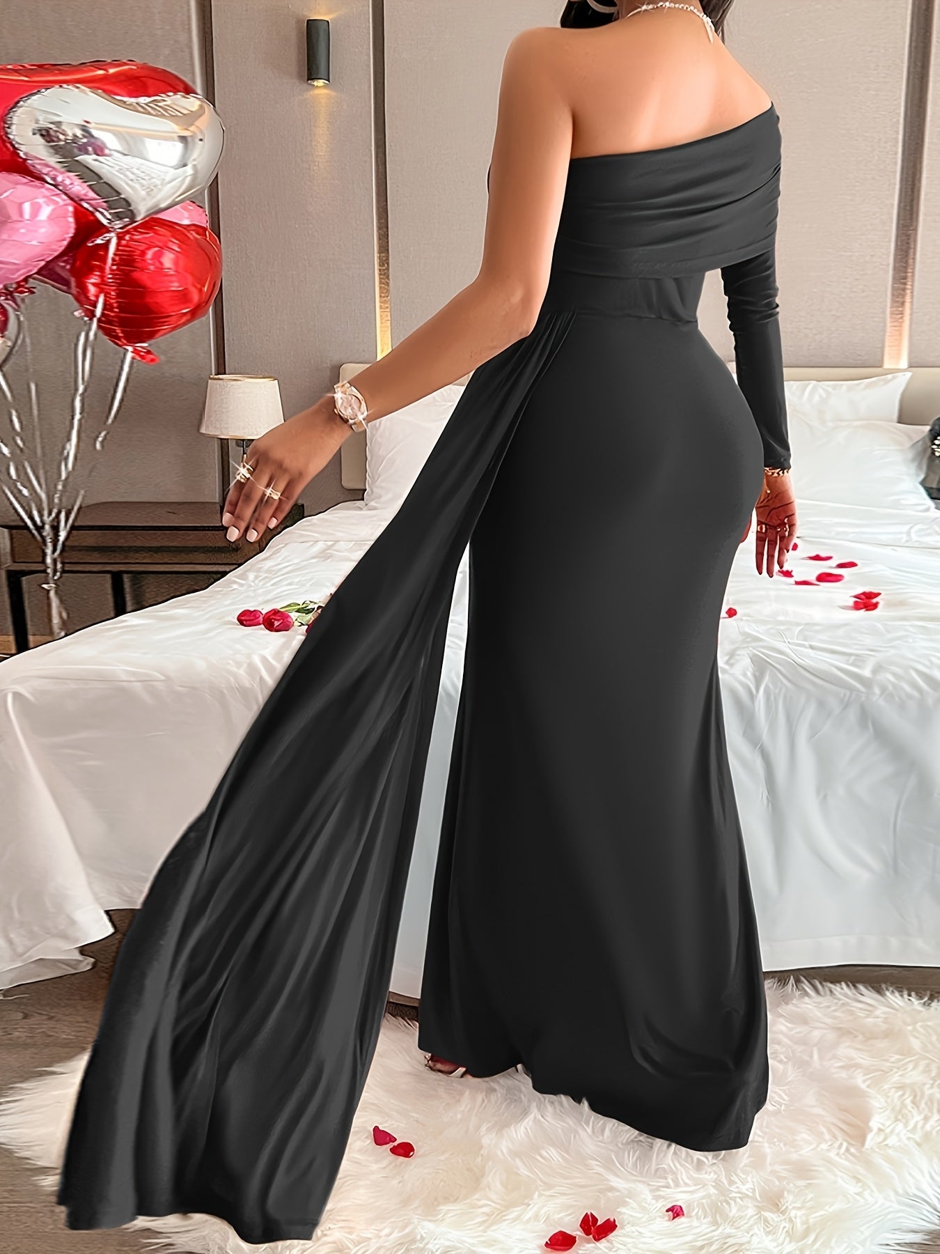 Women's Elegant Bodycon Maxi Dress - Asymmetrical Neck, Smooth Polyester Fabric, Spring/Summer Banquet & Party Wear | Micro Elasticity | Machine Wash