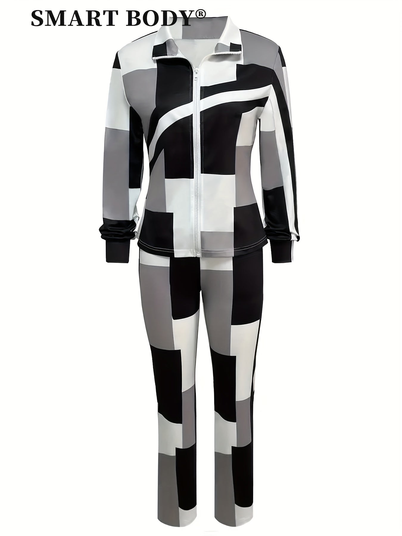 Chic Geo Print Casual Two-piece Tracksuit Set, Women Zip Up Long Sleeve Tops Jacket & Long Flare Pants Outfits, Geometric Plaid Patchwork Matching 2pcs Casual Sweatsuits, Color Block Zipper Jackets And Wide Leg Jogger, Women'