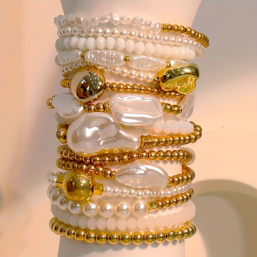 15pcs Women's Irregular Bead Bracelets - 14K Gold Plated, Imitation Pearl & Acrylic Beads - All Season Essentials | Fashionable Design | Versatile Accessory