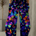 Women'S Butterfly Print 3D Wide Leg Palazzos, Casual Elastic Waist Loose Fit Pants with Pockets, All-Season Polyester 100% Long Length, Non-Stretch Woven Fabric, 120g/m² - Weekend Casual Wear