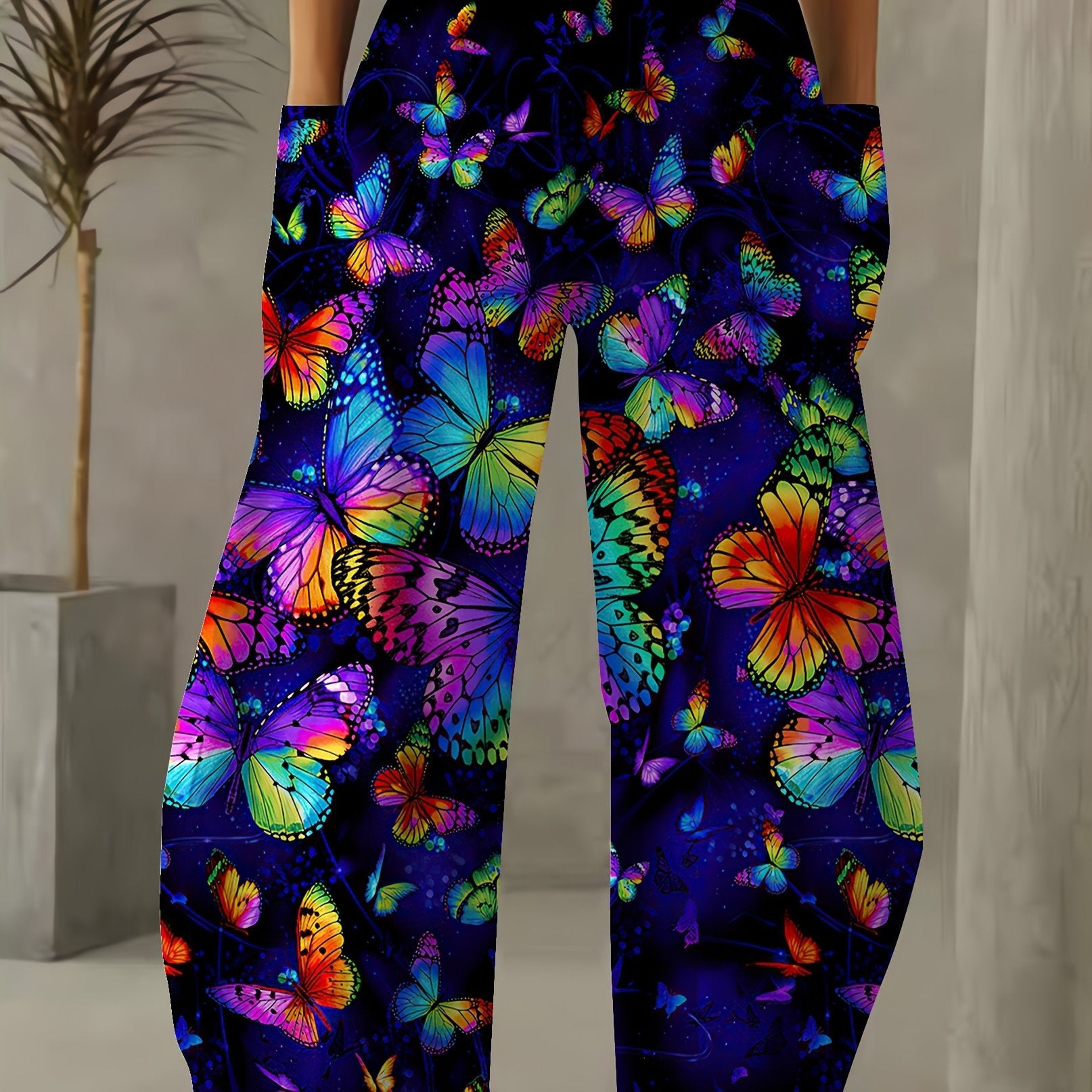 Women'S Butterfly Print 3D Wide Leg Palazzos, Casual Elastic Waist Loose Fit Pants with Pockets, All-Season Polyester 100% Long Length, Non-Stretch Woven Fabric, 120g/m² - Weekend Casual Wear