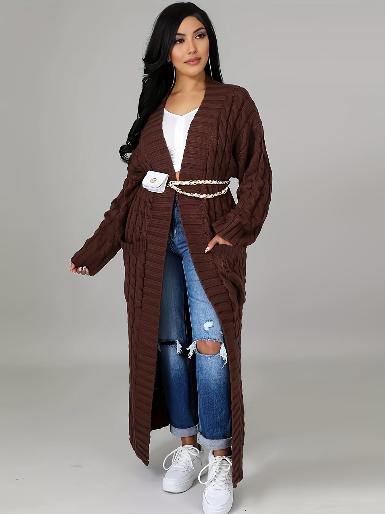 Long Length Cable Knit Cardigan, Elegant Solid Long Sleeve Sweater With Pockets, Women's Clothing