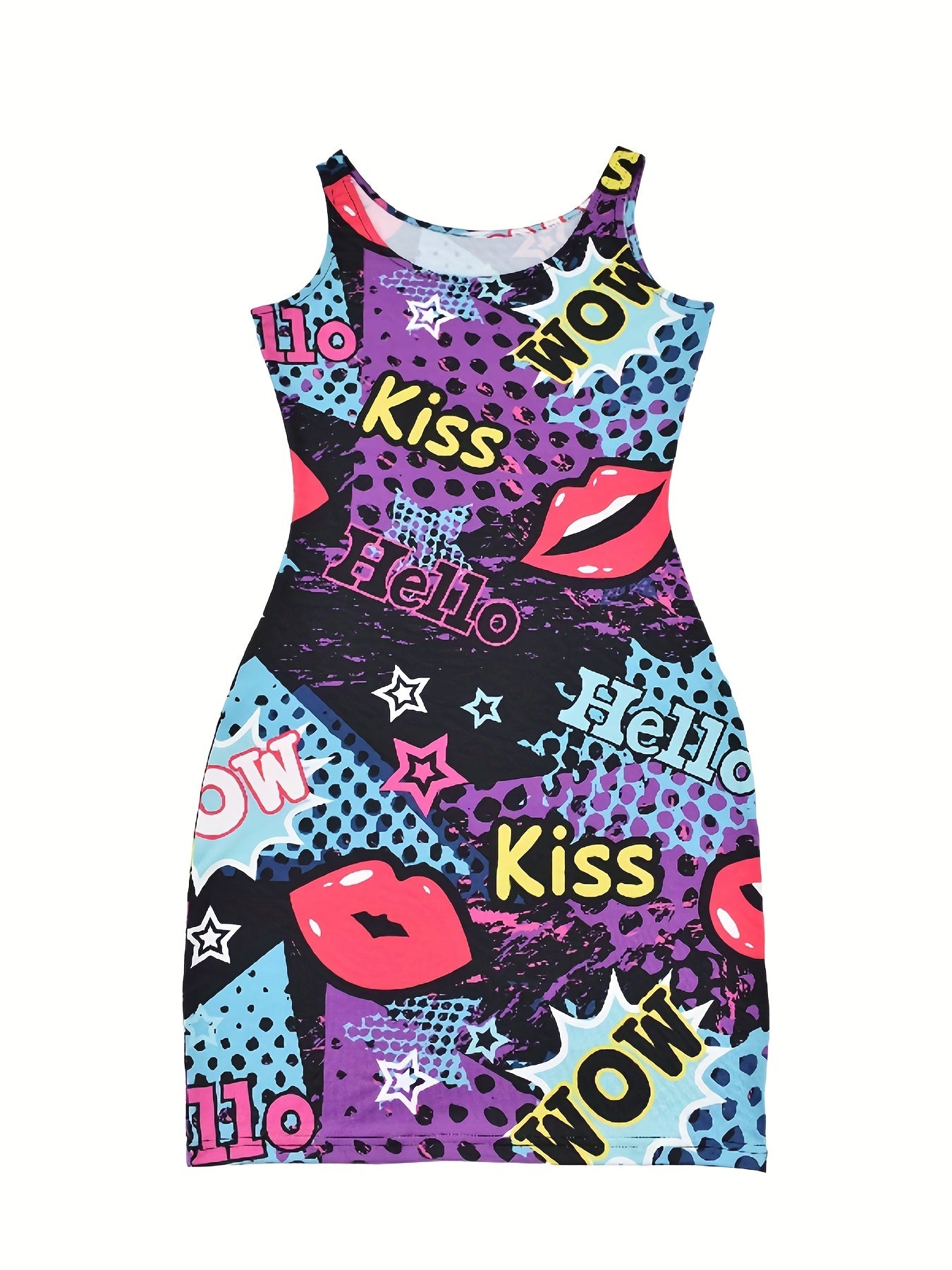 Sexy Bodycon Midi Dress with Bold Letter & Lips Graphic Print - Sleeveless Round Neck Stretchy X-Silhouette Machine Washable All-Season Casual Party Wear, Festive Attire, Retro Lip Graphic, Medium Elasticity Fabric
