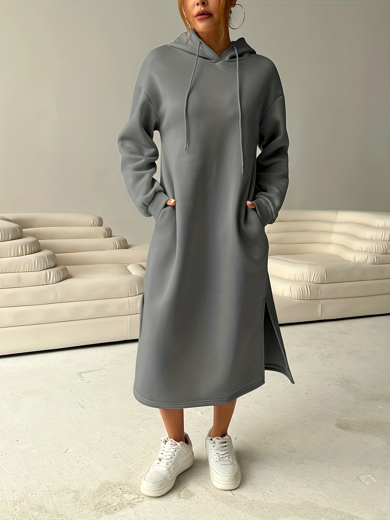 Cozy Letter Print Drawstring Hooded Sweatshirt Dress - Women's Casual Long Sleeve Loose Fit Clothing for Fall & Winter, Soft and Warm Fleece Lined Dress with Adjustable Drawstring Waist