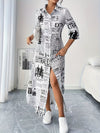 Women'S Elegant Newspaper Printed Shirt Dress with Three Quarter Sleeves and Button Details