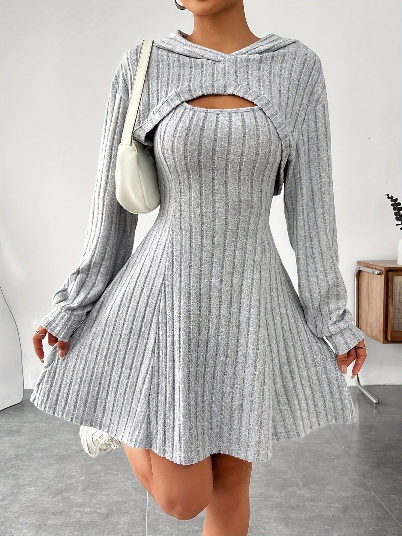 Long Sleeve Solid Color Ribbed Hoodie Shrug Top & Sleeveless Square Neck A-line Tank Dress Set, Women's Clothing Outfits