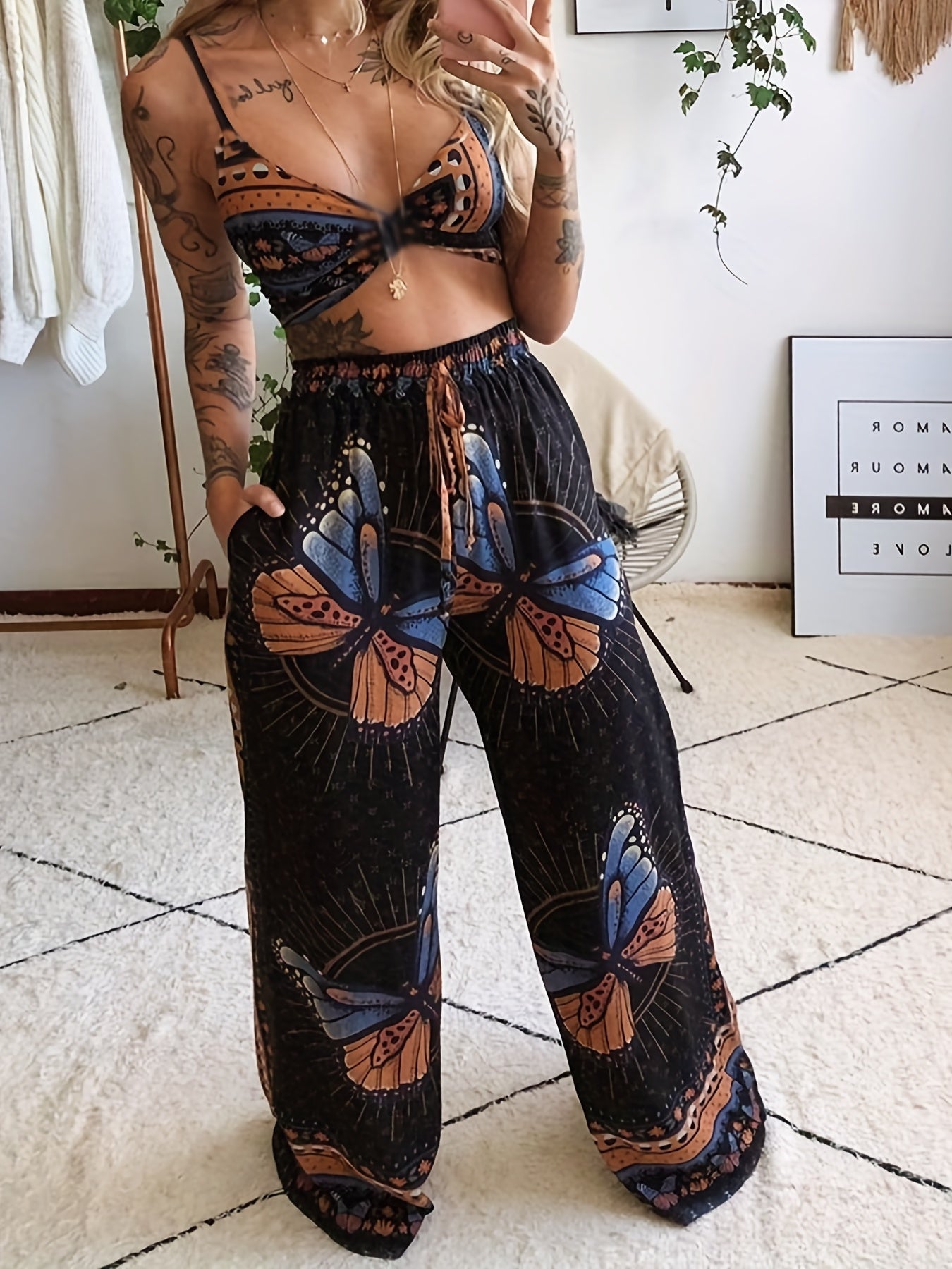 Sexy Butterfly Print Two-piece Set, Backless Crop Halter Top & Wide Leg Pants Outfits, Women's Clothing