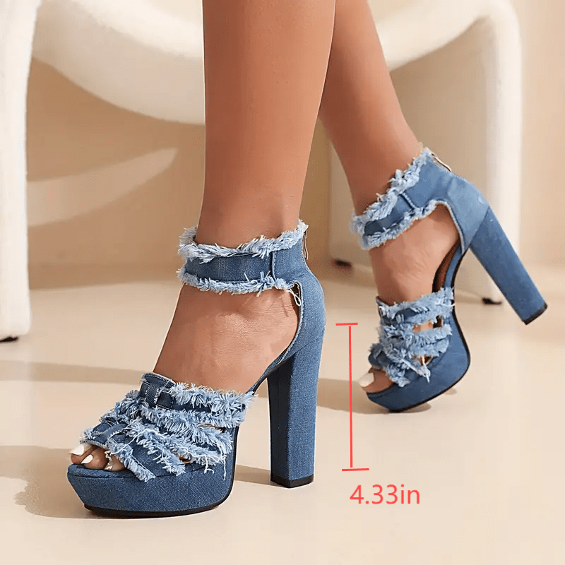 Women's Blue Denim Block Heel Sandals - Stylish Open Toe High Heels with Frayed Tassel Design, Synthetic Cover & Rubber Sole for Parties and Events