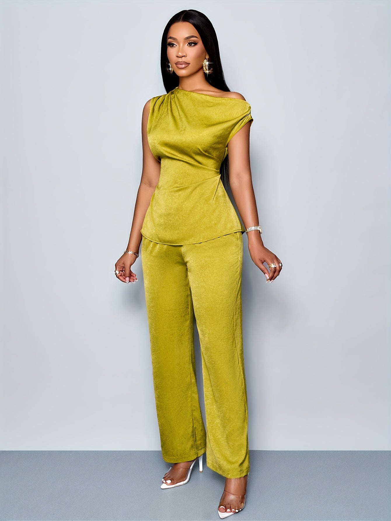 Women'S Casual Solid Color Asymmetrical Neck Top and Pants Set, Sexy Fashionable Business Commute Two-Piece Outfit for Office Work, Polyester Elastane, Spring/Summer Collectio