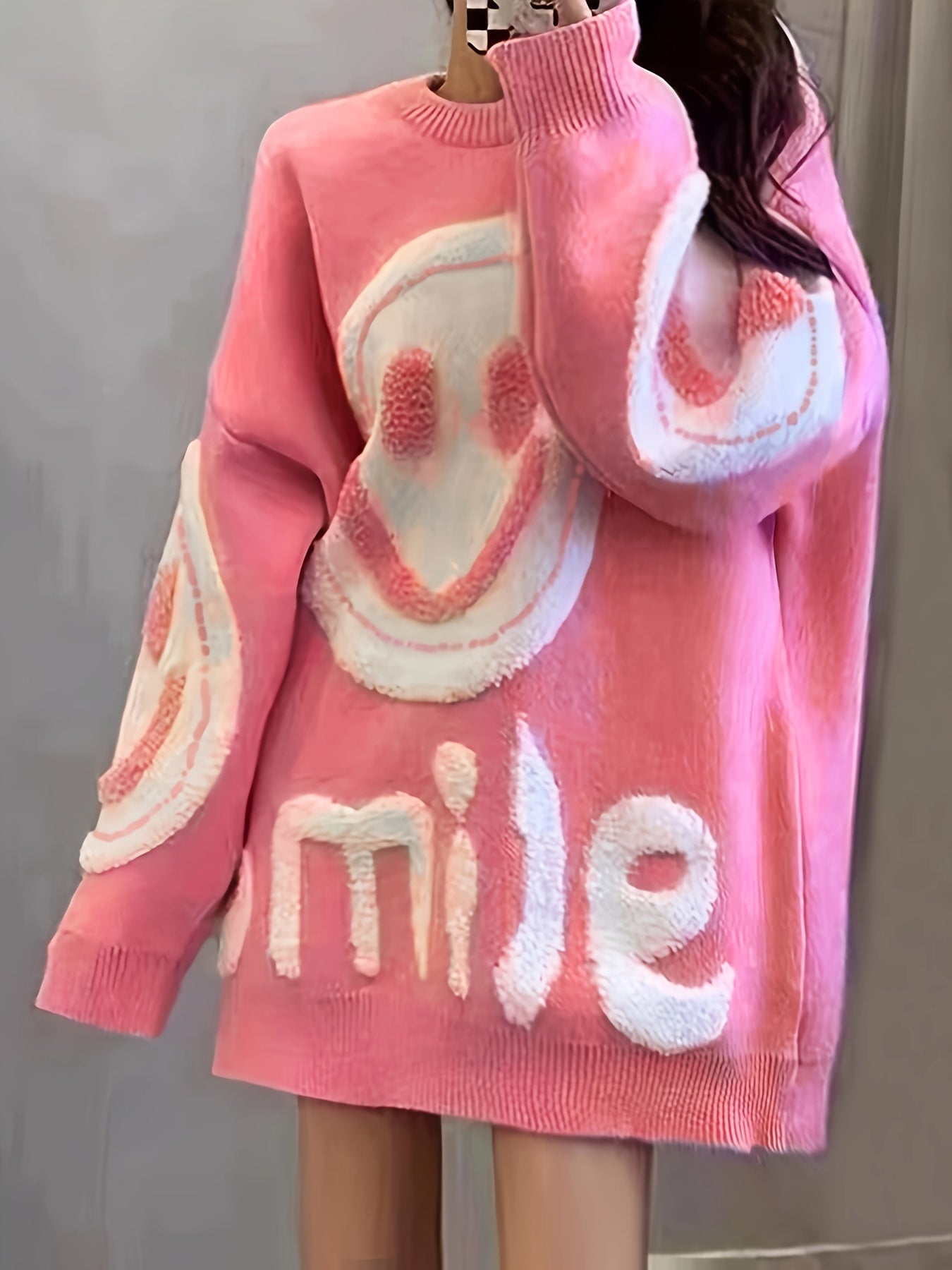 Chic joyful Face Jacquard Sweater for Women - Cozy Long Sleeve Crew Neck Pullover, Perfect for Fall/Winter - Soft & Warm - For Women - Suitable for Fall/Winter - Great Gift for Birthday & Holidays