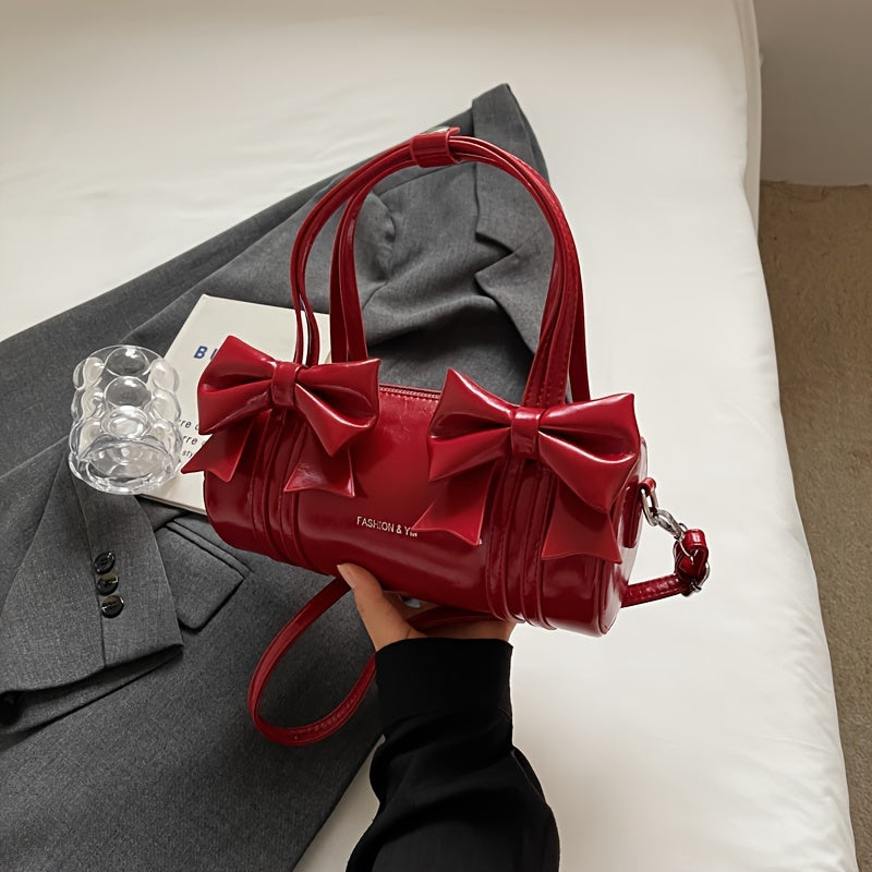 [Chic Appeal] Stylish Black Bow Tie Handbag - Large Capacity Crossbody Bag with Detachable Shoulder Strap, Elegant Glossy Finish & Polyester Lining, Crossbody Purse
