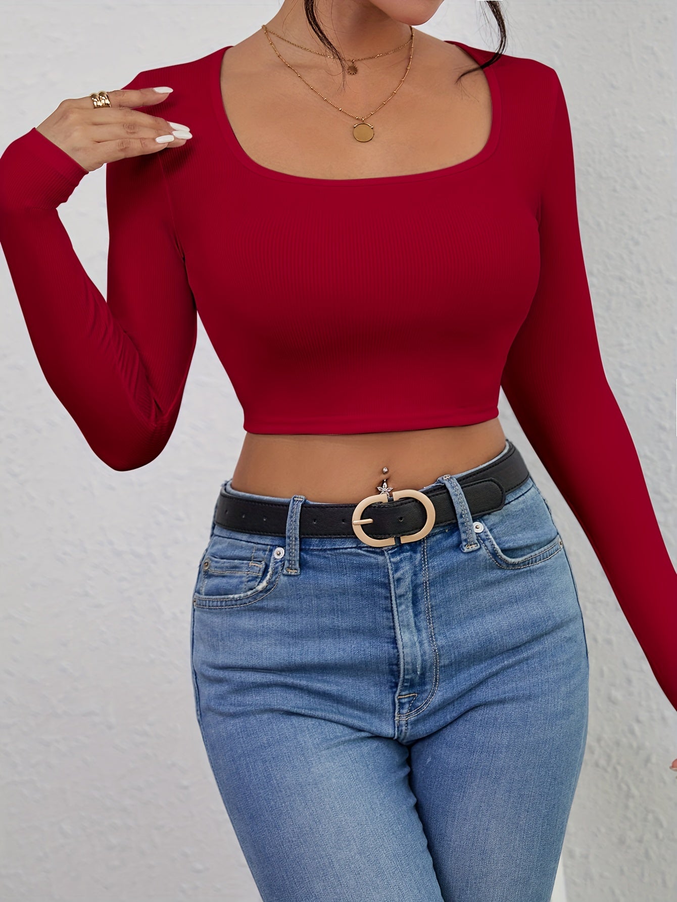 Squared Neck Cropped T-shirt, Casual Long Sleeve Solid T-shirt, Women's Clothing
