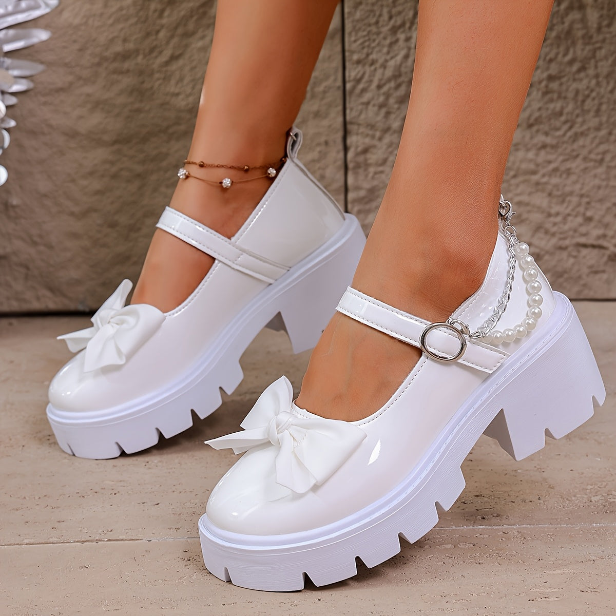 Women’s Pearl-Embellished Patent Penny Loafers – Chunky Round Toe Slip-On Shoes with Glitter Detail & PVC Sole, Mesh Lined, All-Season Fashion Footwear