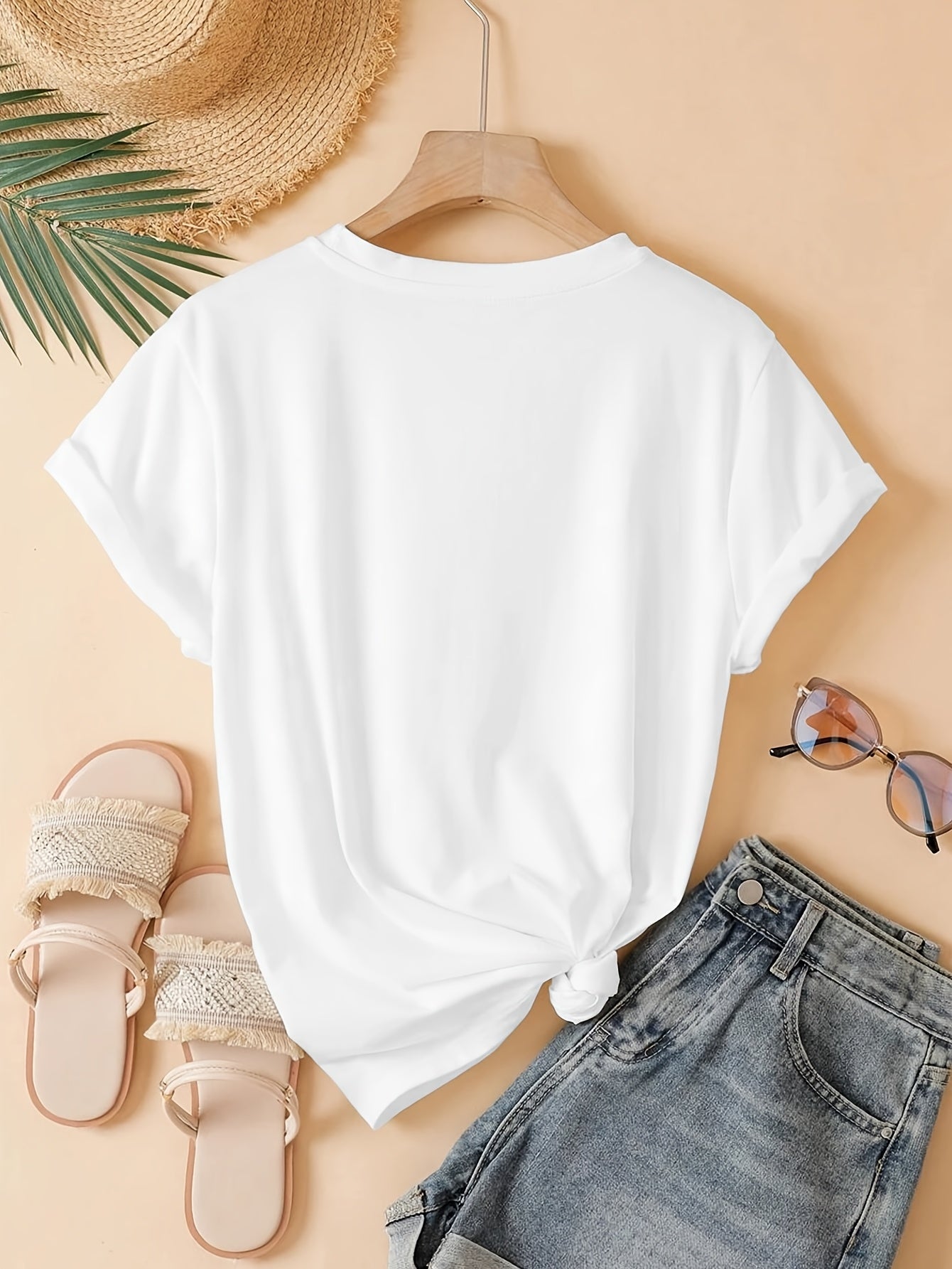 Women'S Casual Crew Neck T-Shirt with Sparkling Bow Print - Short Sleeve, White, All-Season, Casual Wear|Sparkling Detail Top|Butterfly Print Top, Butterfly Print Top
