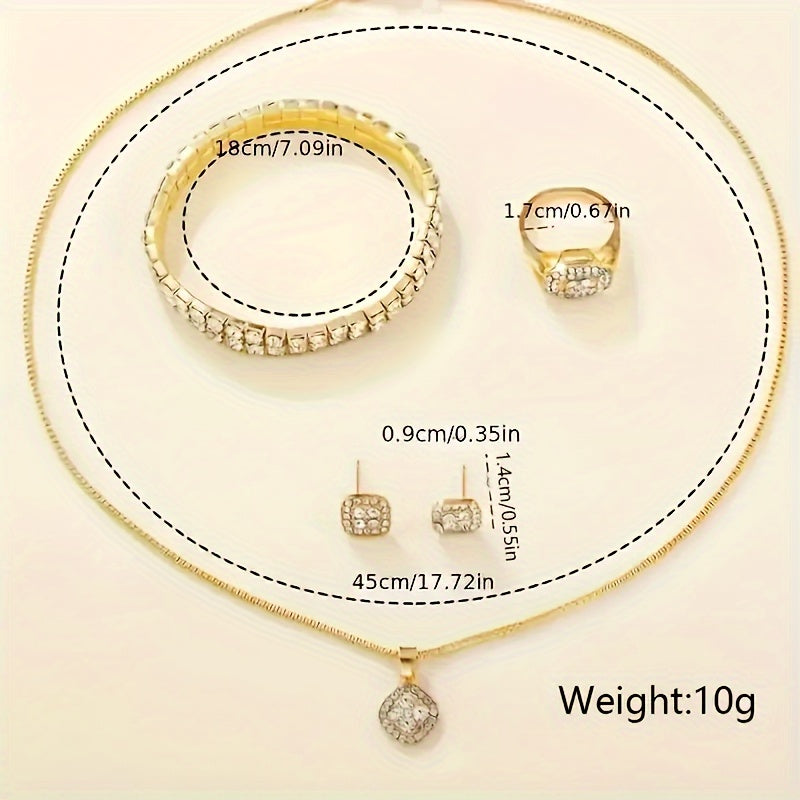 6pcs Elegant Women's Quartz Watch and Golden Jewelry Set - Sparkling Crystal Embellished Timepiece with Stainless Steel Band & Rings, Necklace, Earrings - Ideal for Valentine's Day, Easter, Ramadan, Birthdays,  Hallo