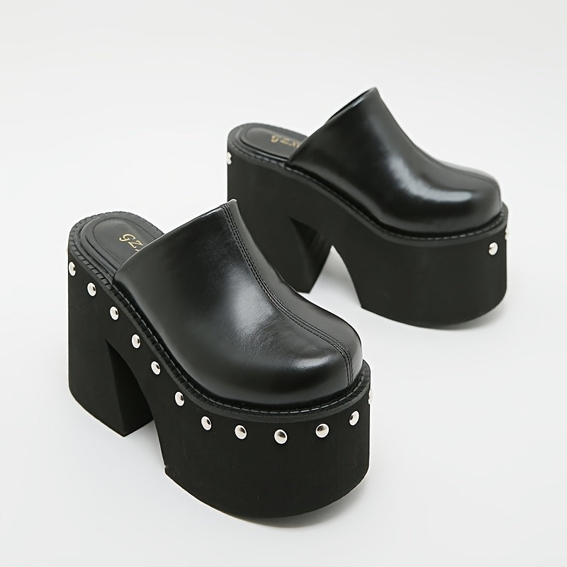Women's Black Platform Wedge Sandals with Metallic Studs, Round Toe Slip-On High Heels - Stylish Summer Fashion Shoes for Parties and Events