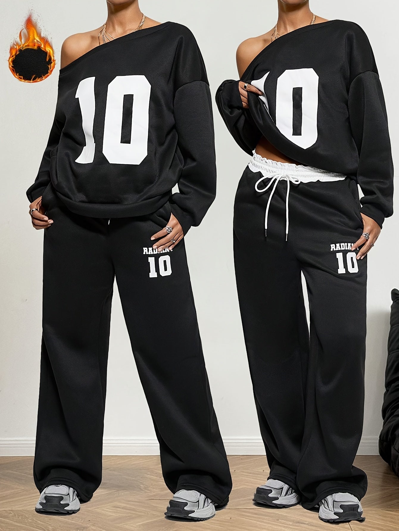 Digital Print Warm Asymmetric Collar Long Sleeve Sweatshirt and White Elastic Waist Wide Leg Jogging Pants