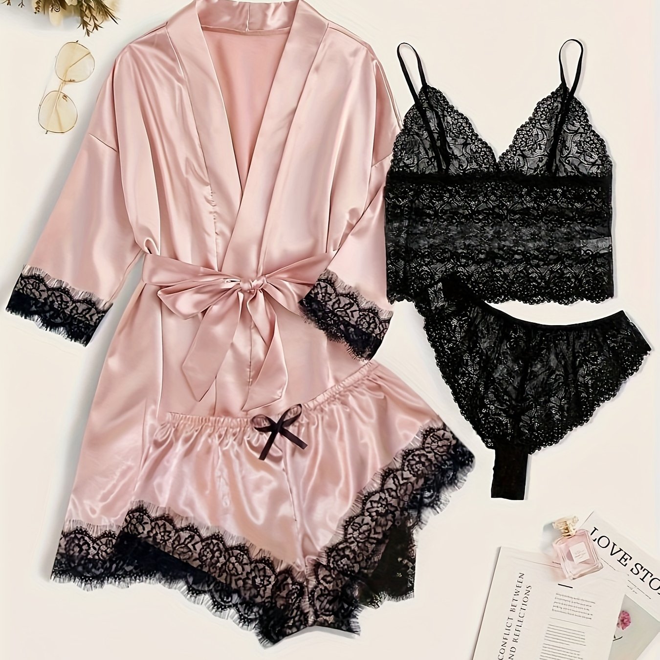 Three Quarter Sleeve Satin Elegant Lounge Set, Contrast Lace Robe With Belt, Cami Bra, Panty, and Elastic Shorts, Women's Loungewear