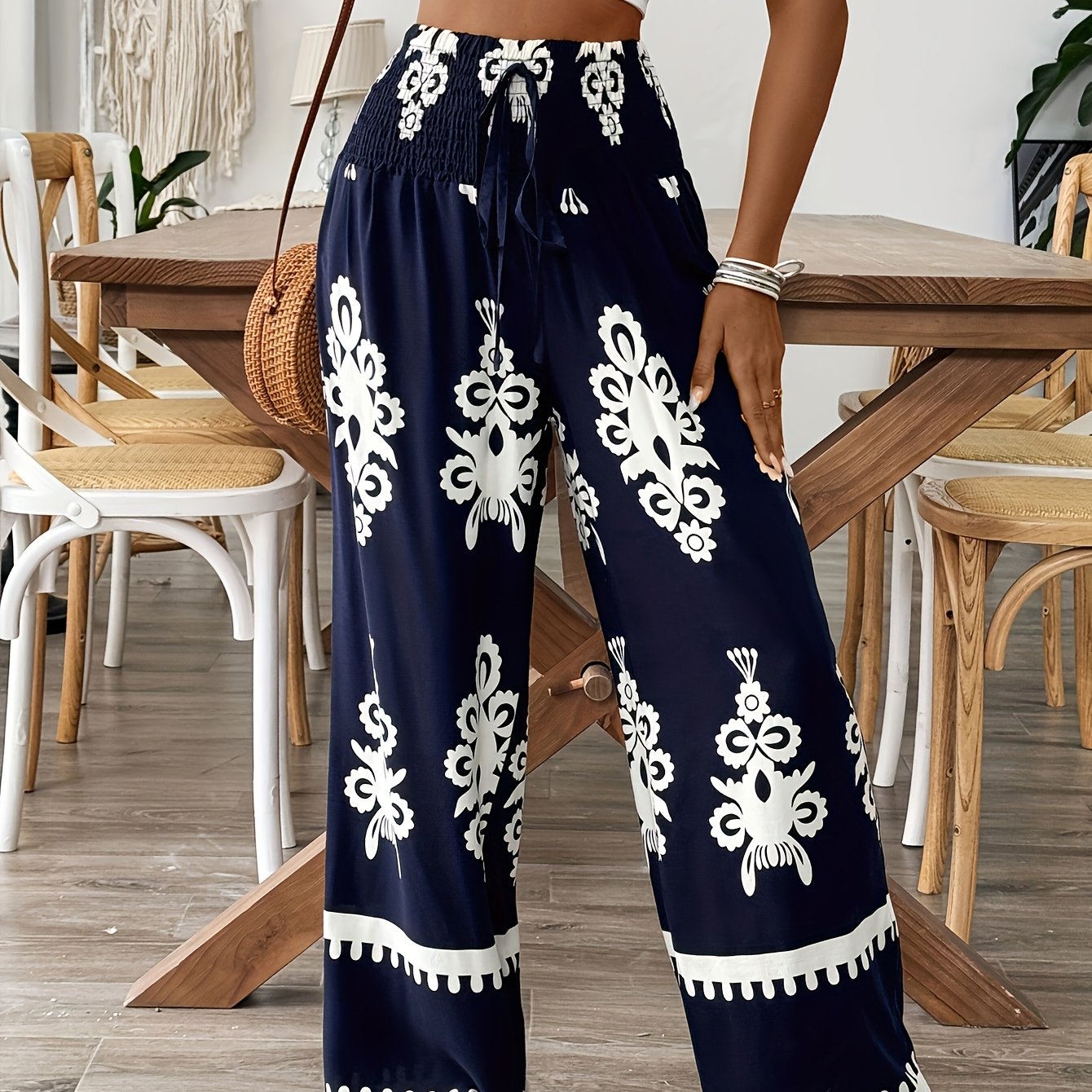 Women's Navy & White Floral Print Wide-Leg Pants with Elastic Waist Drawstring & Smocking Detail - Machine Washable All-Season Elegant Casual Trousers for Women, Comfortable Fashion, Smooth Texture Fabric