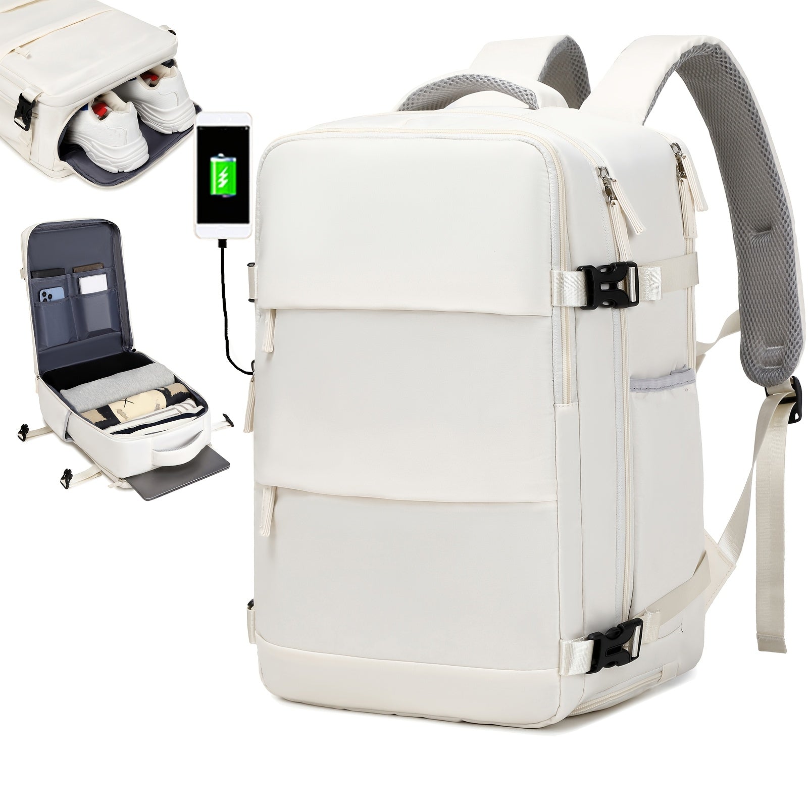 Airlines Approved Women'S Travel Backpack with Shoe Compartment, Casual Laptop Bag, Adjustable Strap, Zipper Closure, Polyester Lining, Solid Color, USB Powered - Multi-Color Options