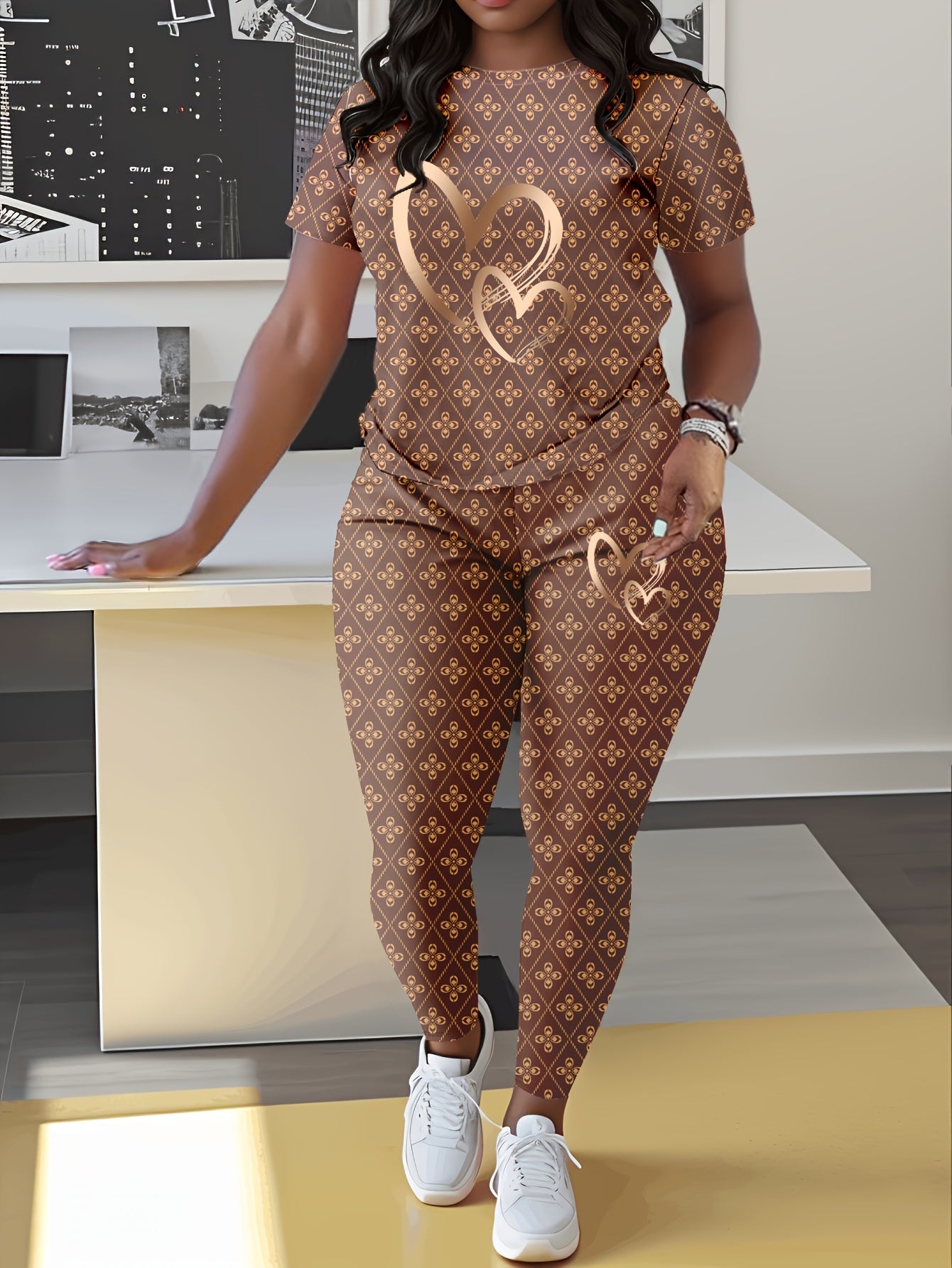 Flower Rhombus Plaid Love Double Heart Print Casual Black Style Round Neck Fit Short Sleeve T-shirt Shirt Love Flower Rhombus Plaid Print Tight Pants Home and Outing Jogging Suit