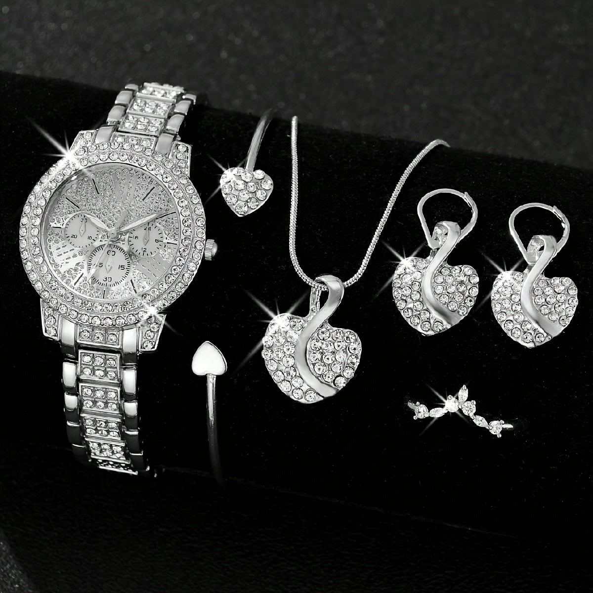 6pcs/set Women's Luxury Rhinestone Quartz Watch Shiny Golden Fashion Analog Wrist Watch & Jewelry Set, Gift For Mom Her