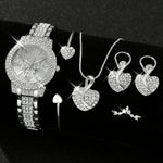 6pcs/set Women's Luxury Rhinestone Quartz Watch Shiny Golden Fashion Analog Wrist Watch & Jewelry Set, Gift For Mom Her
