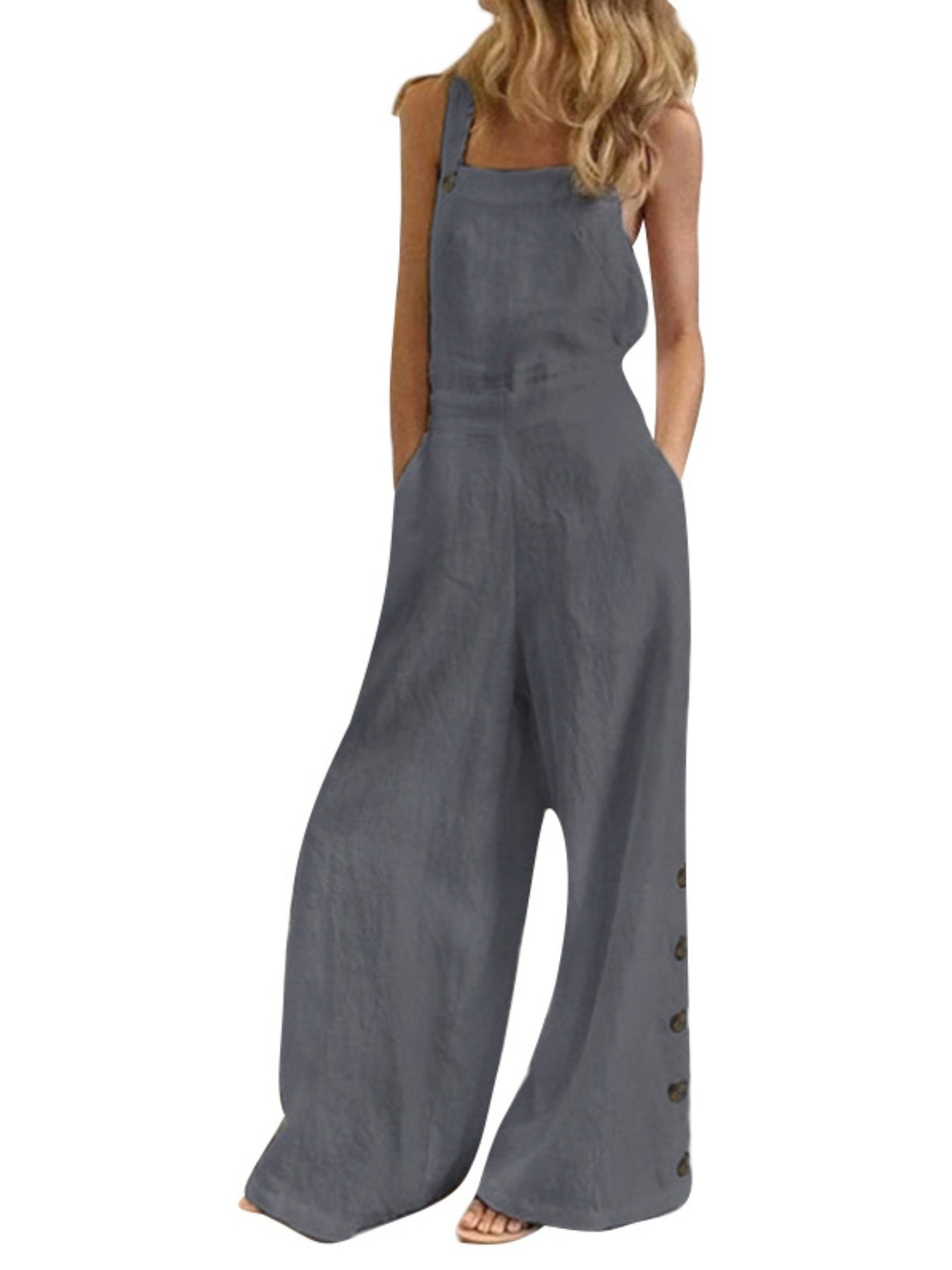 Women'S Elegant Wide Leg Jumpsuit - Solid Color Square Neck Sleeveless Pants with Pockets, Casual Summer Overalls for Adults, Light Gray, Casual Summer Wear | Casual Jumpsuit | Fabric Jumpsui
