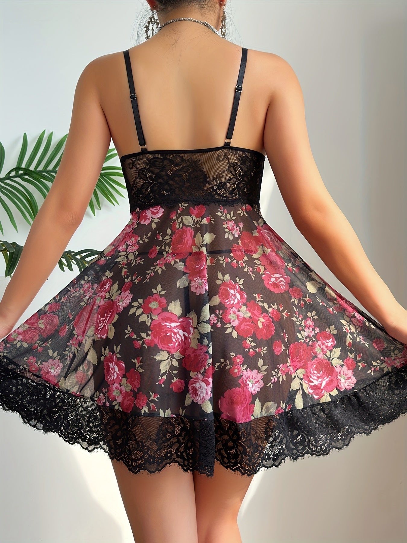 Sexy Lingerie Set, Floral Embroidered Lace Backless Seductive Nightgown, Tropical Style Spaghetti Strap Nightgown Two-Piece Set