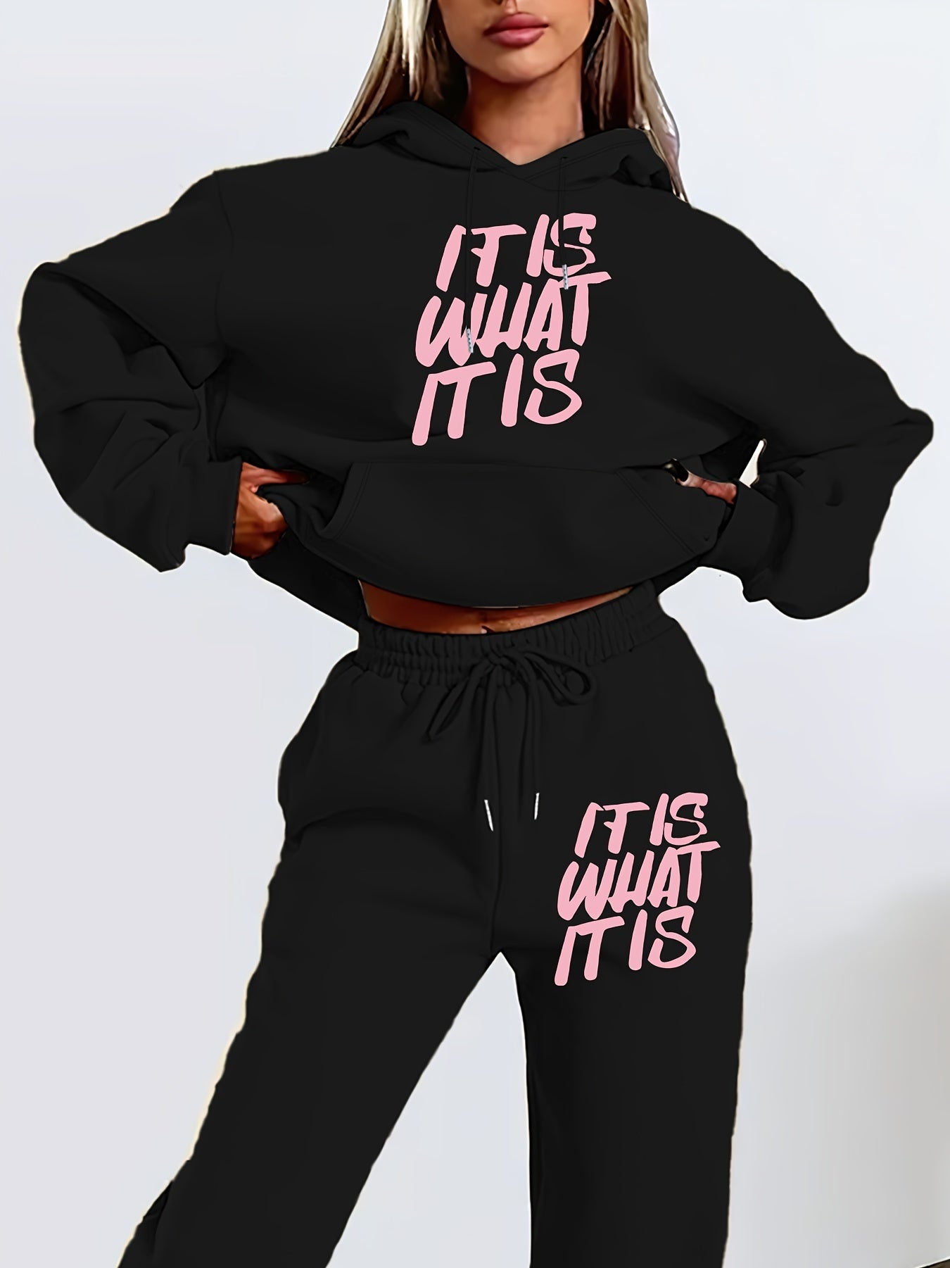 [Geometric Print Hoodie Set] Long Sleeve Geometric Print Hoodie & Jogger Set - Polyester Blend, Machine Washable, Kangaroo Pocket - Women's Casual Fall/Winter