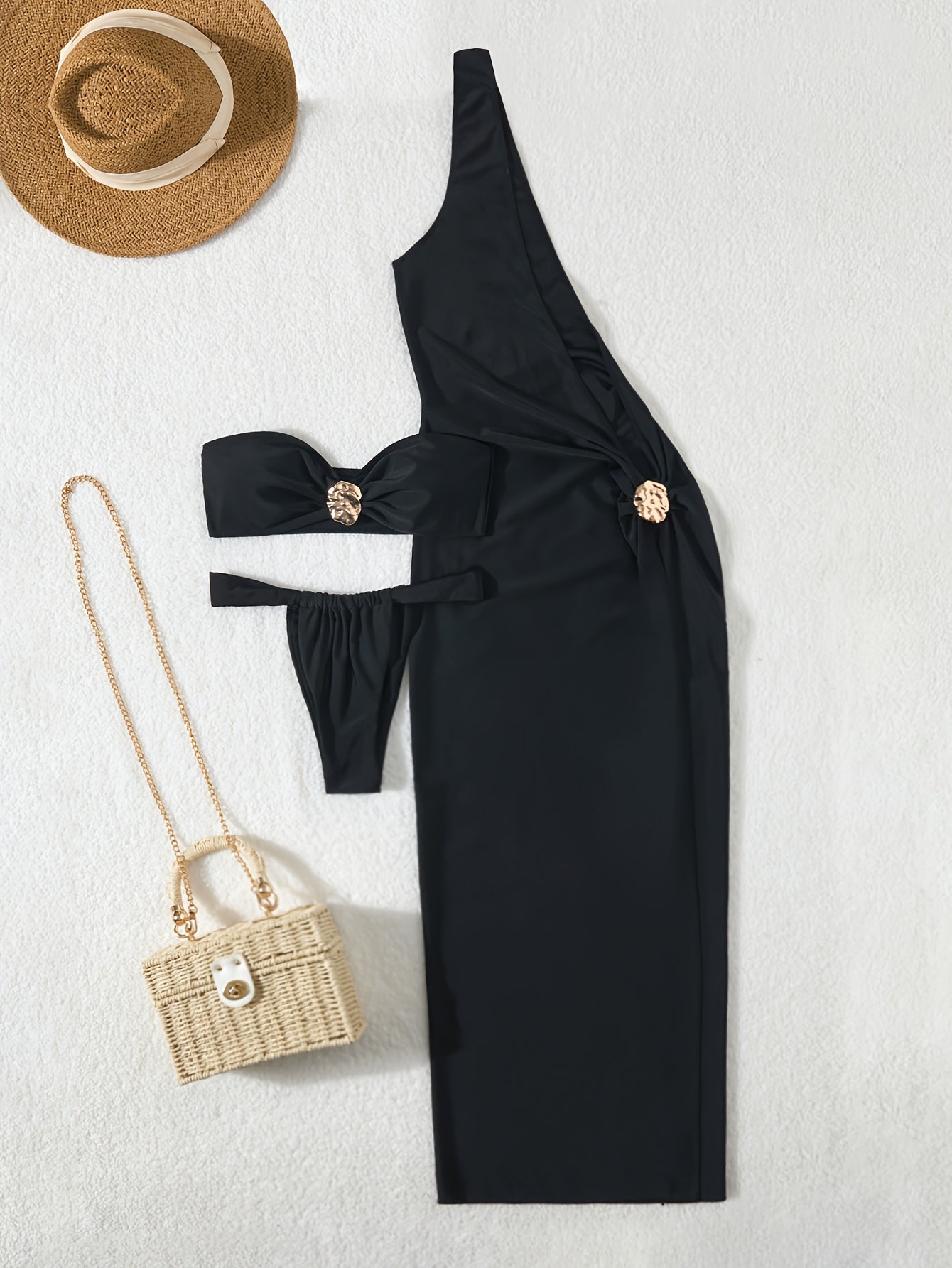 Sexy Solid Color Swimwear, Bandeau Top, One-Shoulder Dress, Three-Piece Bikini Set, Women's Swimsuit and Outfit