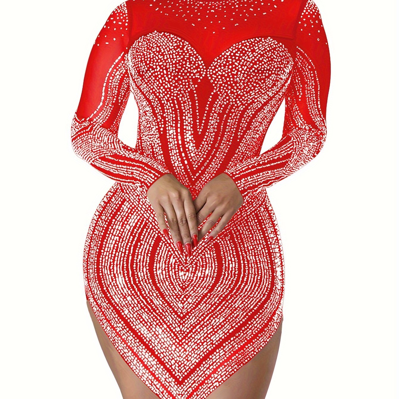 Rhinestone Semi-Sheer Dress, Sexy High Neck Long Sleeve Bodycon Party Dress, Women's Clothing