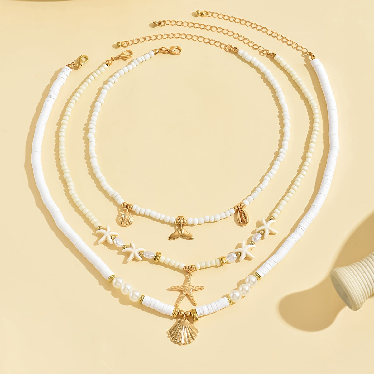 3pcs/set Bohemian Scallop Starfish Fish Tail Imitation Pearl Soft Clay Rice Bead Stacked Necklace Suitable for Women's Daily Matching in Autumn and Winter