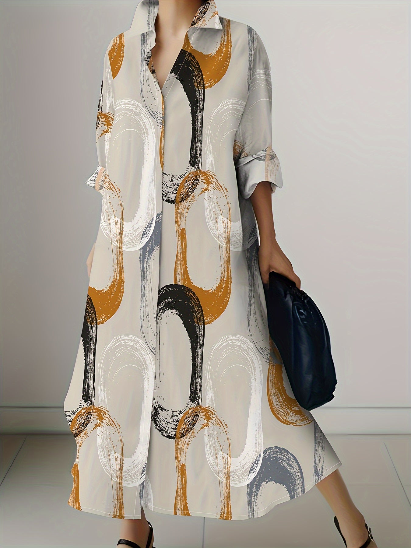 Chic Vacation-Style Long Sleeve Dress - Women's Polyester Shift with Abstract Print, Button-Up Collar, and Roll-Up Option - Perfect for Spring/Fall Getaways