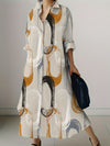 Chic Vacation-Style Long Sleeve Dress - Women's Polyester Shift with Abstract Print, Button-Up Collar, and Roll-Up Option - Perfect for Spring/Fall Getaways