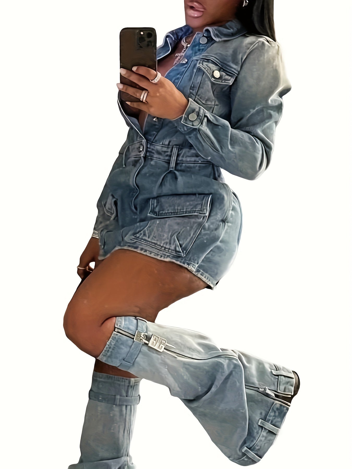 Women'S Sexy Multi-Pocket Wash Denim Dress (Free Leg Cover)
