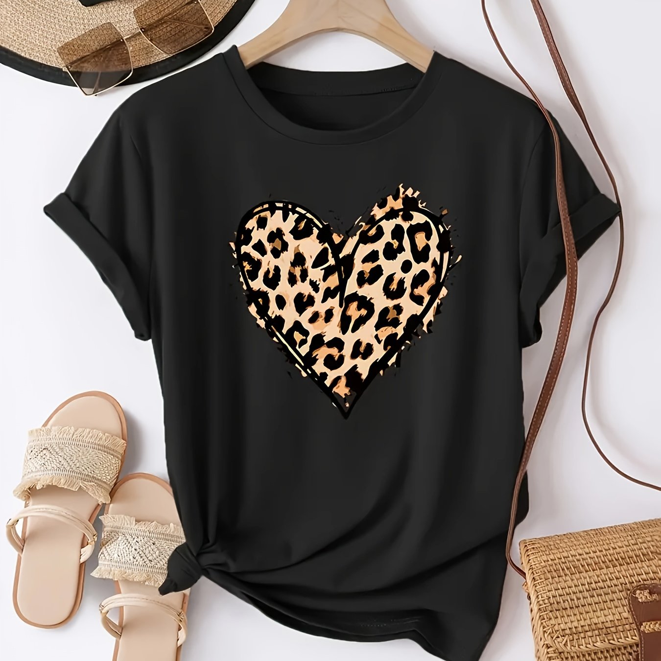 Women's Casual Leopard Print Bowknot T-Shirt - Short Sleeve, Round Neck, Soft & Comfortable Fabric, Perfect for Spring/Summer Fashion, Green Graphic Tee with Stylish Bow Design, Casual Wear | Playful Graphic Tee | Stylish Gra