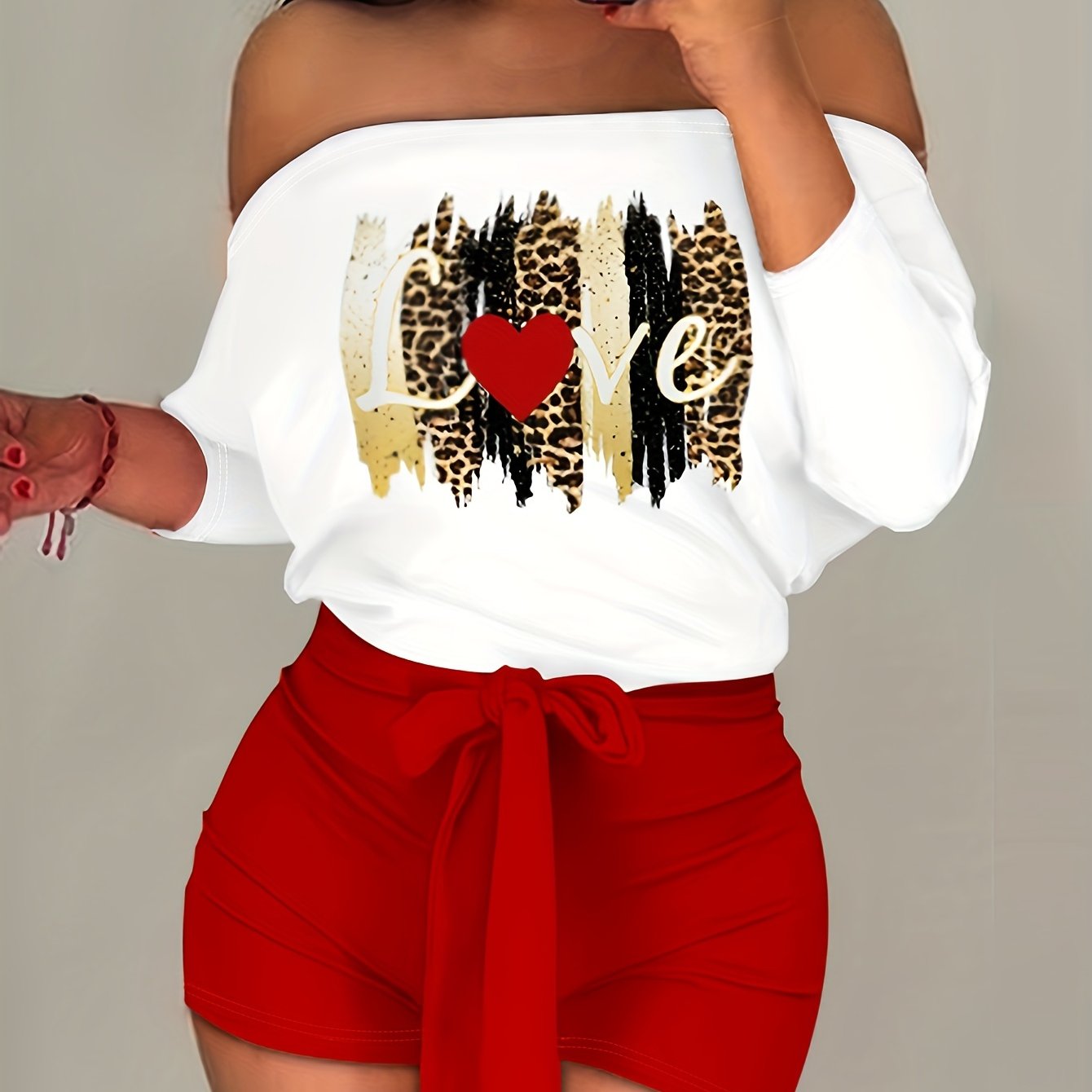 Color Block Graphic Print Romper Jumpsuit, Casual Off Shoulder Long Sleeve Tie Waist Slim Romper Jumpsuit, Women's Clothing