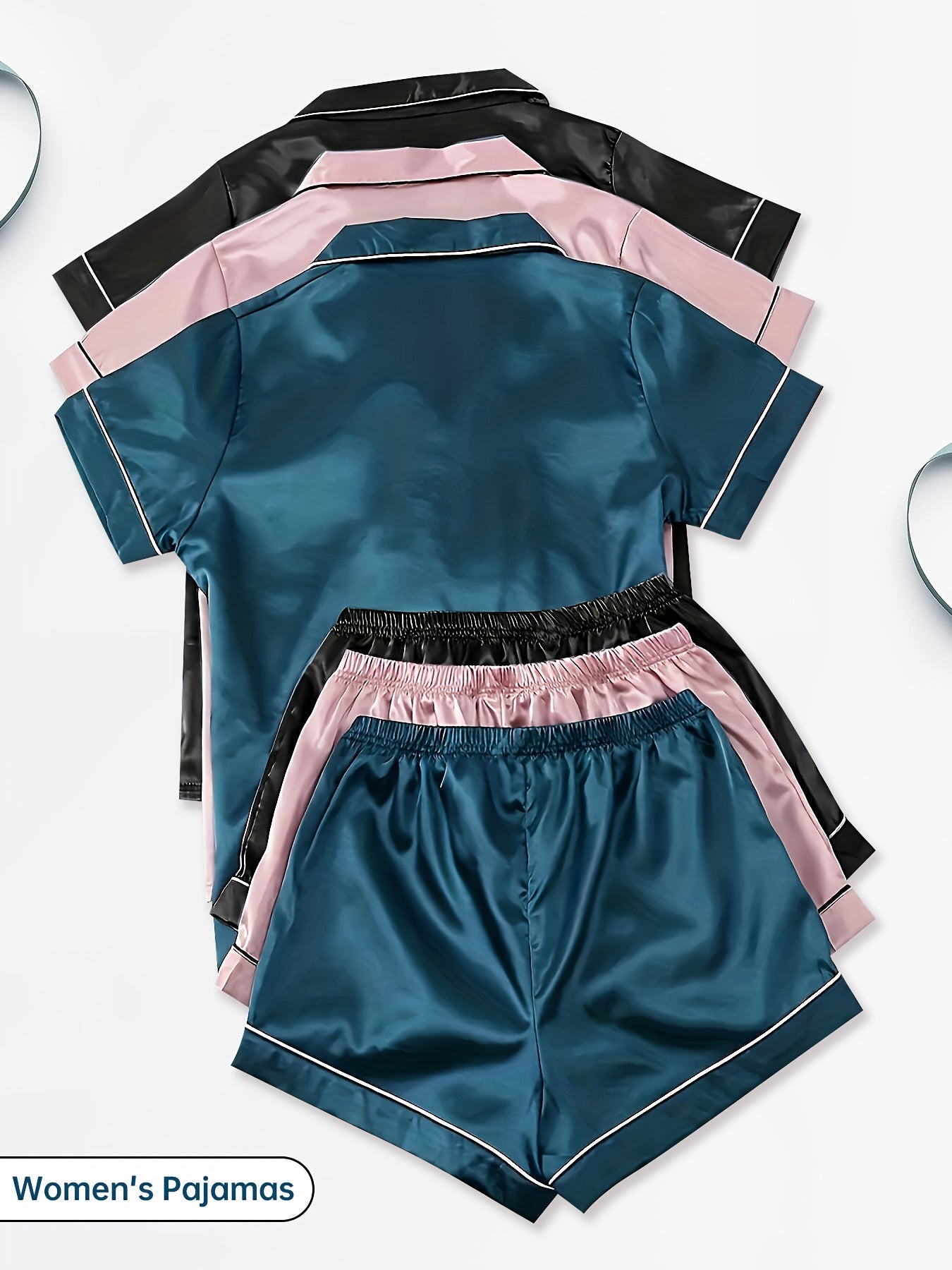 3-Piece Women's Satin Pajama Sets – Short Sleeve Lapel Top & Elastic Waist Shorts, Soft Loungewear Sleepwear Set