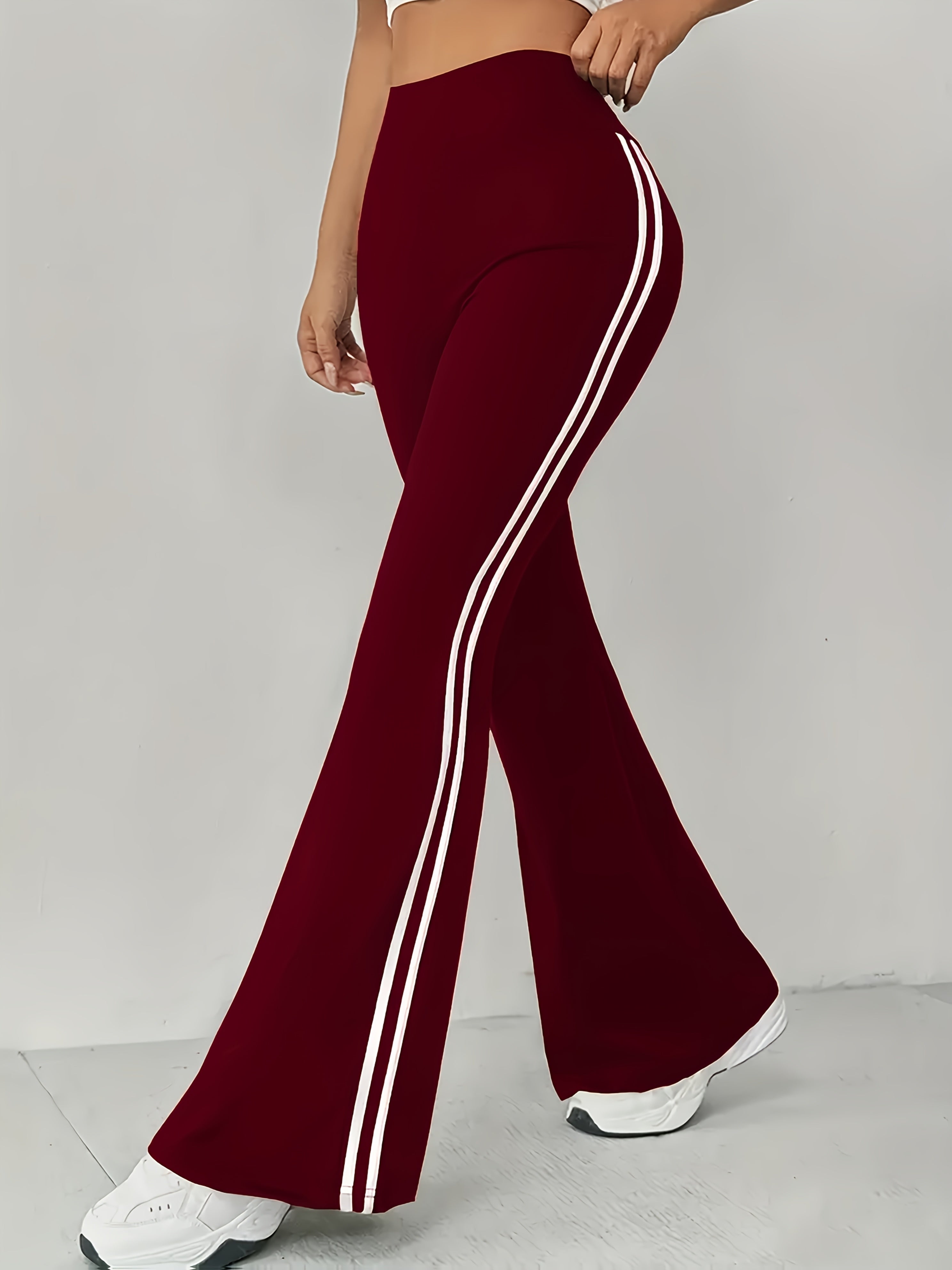 Women's High-Waist Tummy Control Maroon Flare Pants with White Stripe Detail - Stretchy Polyester/Elastane Blend, Machine Washable, Casual Sporty Bell Bottoms